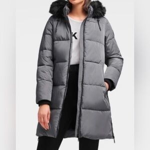Dkny Gray Puffer Jacket with High Collar and Matte Finish